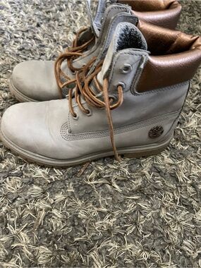 Timberland Premium Grey Nubuck Boots Metallic Bronze Collar Womens 8.5
